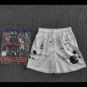 Eric Emanuel White Mesh Shorts with Black Graphic Accents